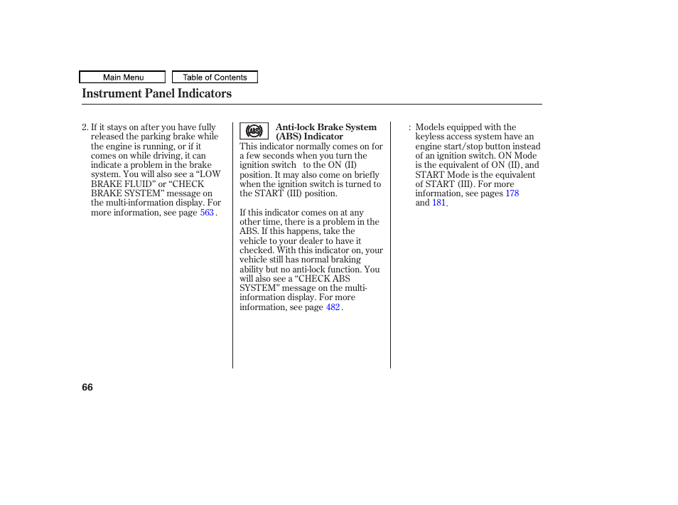 Instrument panel indicators | Acura 2011 TL User Manual | Page 69 / 614