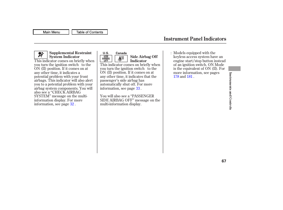 Instrument panel indicators, 2011 tl | Acura 2011 TL User Manual | Page 70 / 614