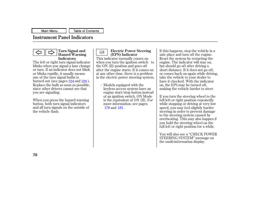 Instrument panel indicators | Acura 2011 TL User Manual | Page 73 / 614