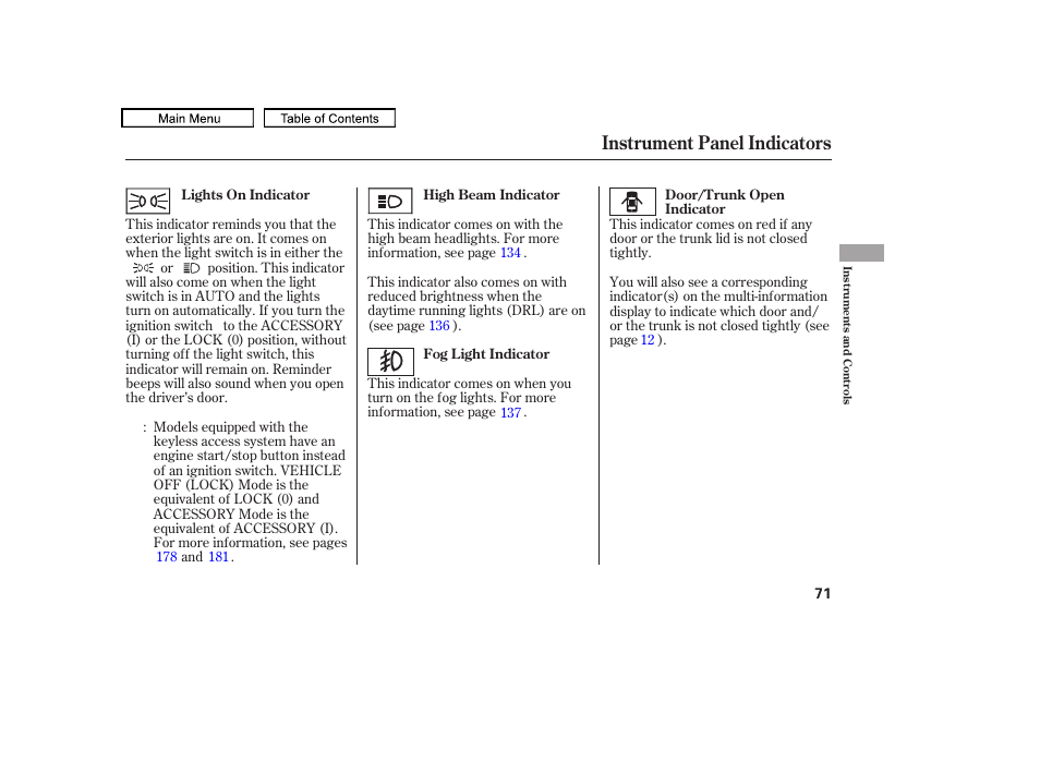 Instrument panel indicators | Acura 2011 TL User Manual | Page 74 / 614