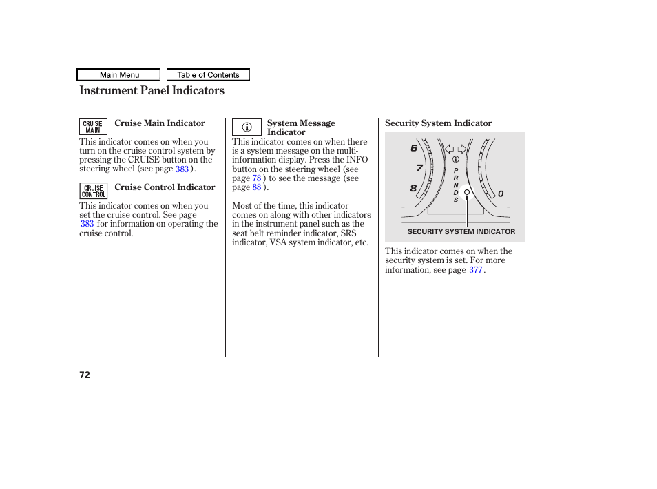 Instrument panel indicators | Acura 2011 TL User Manual | Page 75 / 614