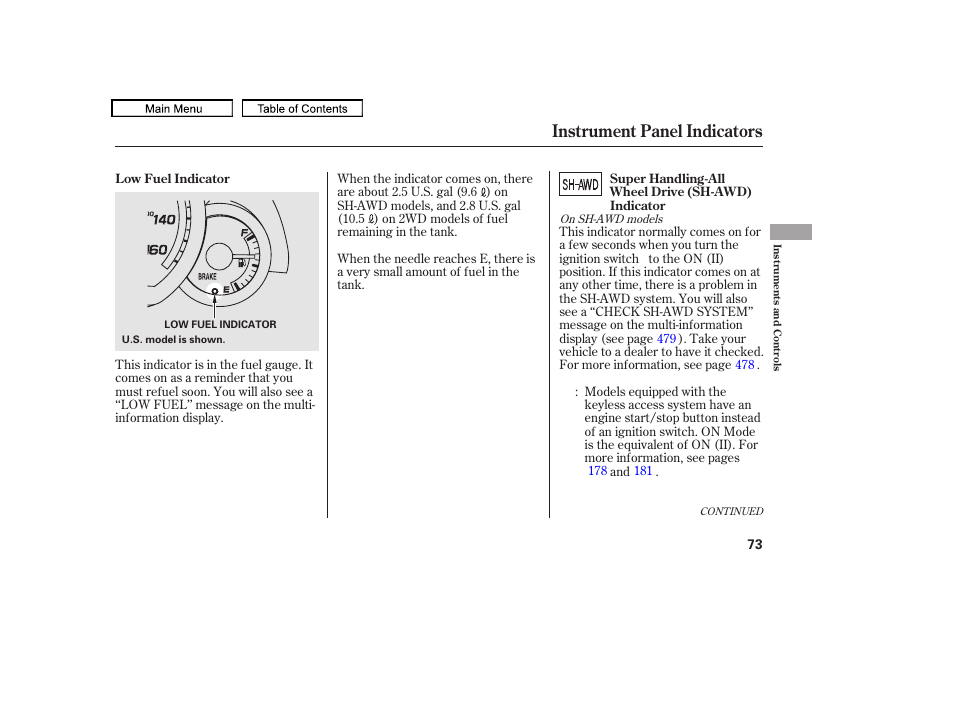 Instrument panel indicators, 2011 tl | Acura 2011 TL User Manual | Page 76 / 614