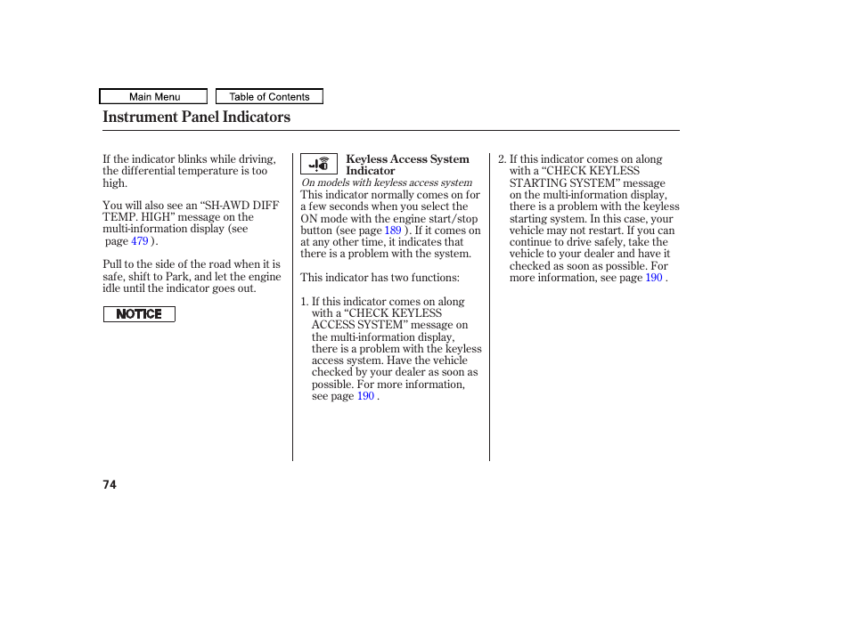 Instrument panel indicators | Acura 2011 TL User Manual | Page 77 / 614
