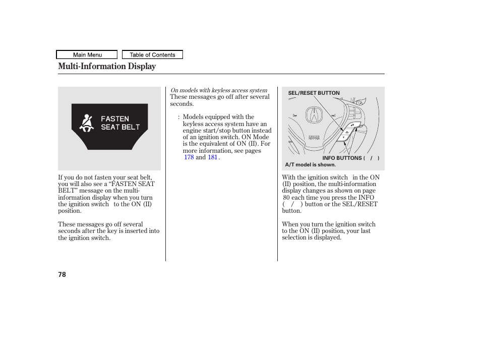 Multi-information display | Acura 2011 TL User Manual | Page 81 / 614