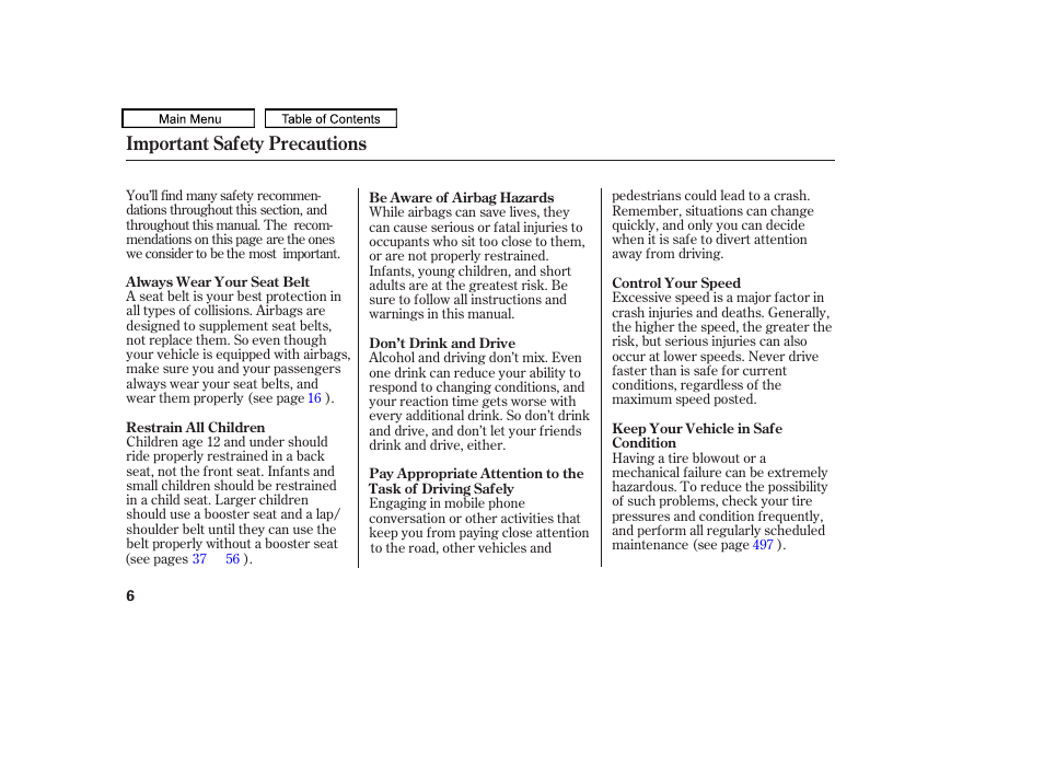 Important safety precautions | Acura 2011 TL User Manual | Page 9 / 614