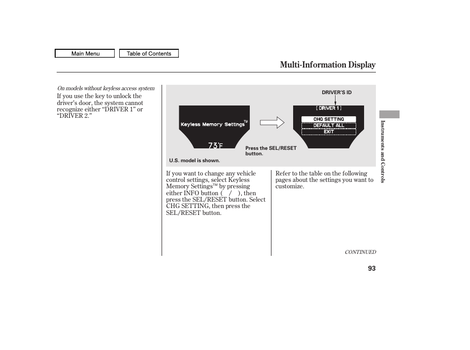 On models without keyless access system, Multi-information display, 2011 tl | Acura 2011 TL User Manual | Page 96 / 614