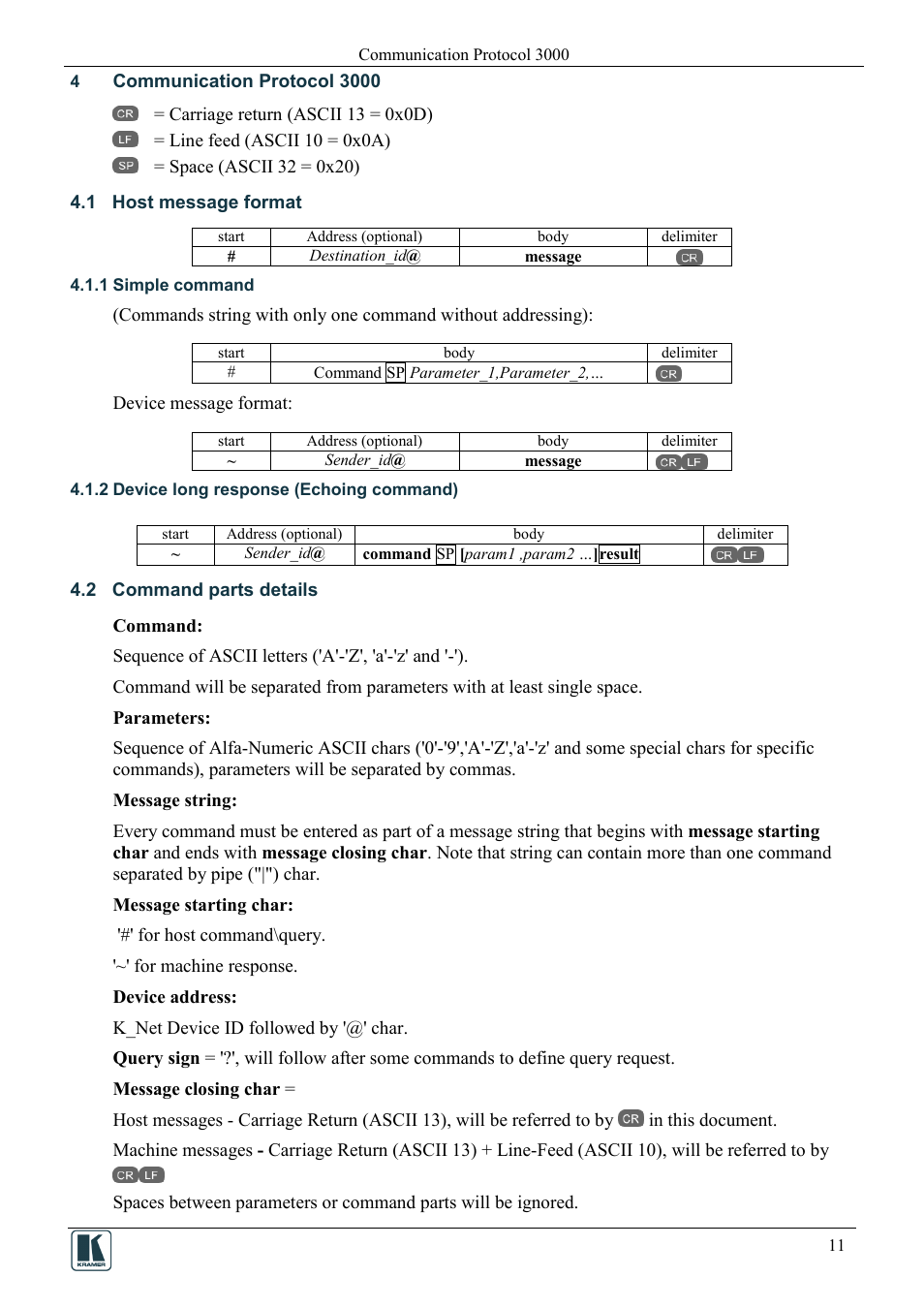 4 communication protocol 3000, 1 host message format, 1 simple command | 2 device long response (echoing command), 2 command parts details, Communication protocol 3000, Host message format, Simple command, Device long response (echoing command), Command parts details | Kramer Electronics SV-552ALC User Manual | Page 13 / 16