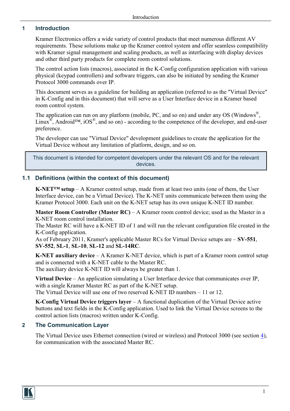 1 introduction, 2 the communication layer, Introduction | Definitions (within the context of this document), The communication layer | Kramer Electronics SV-552ALC User Manual | Page 3 / 16