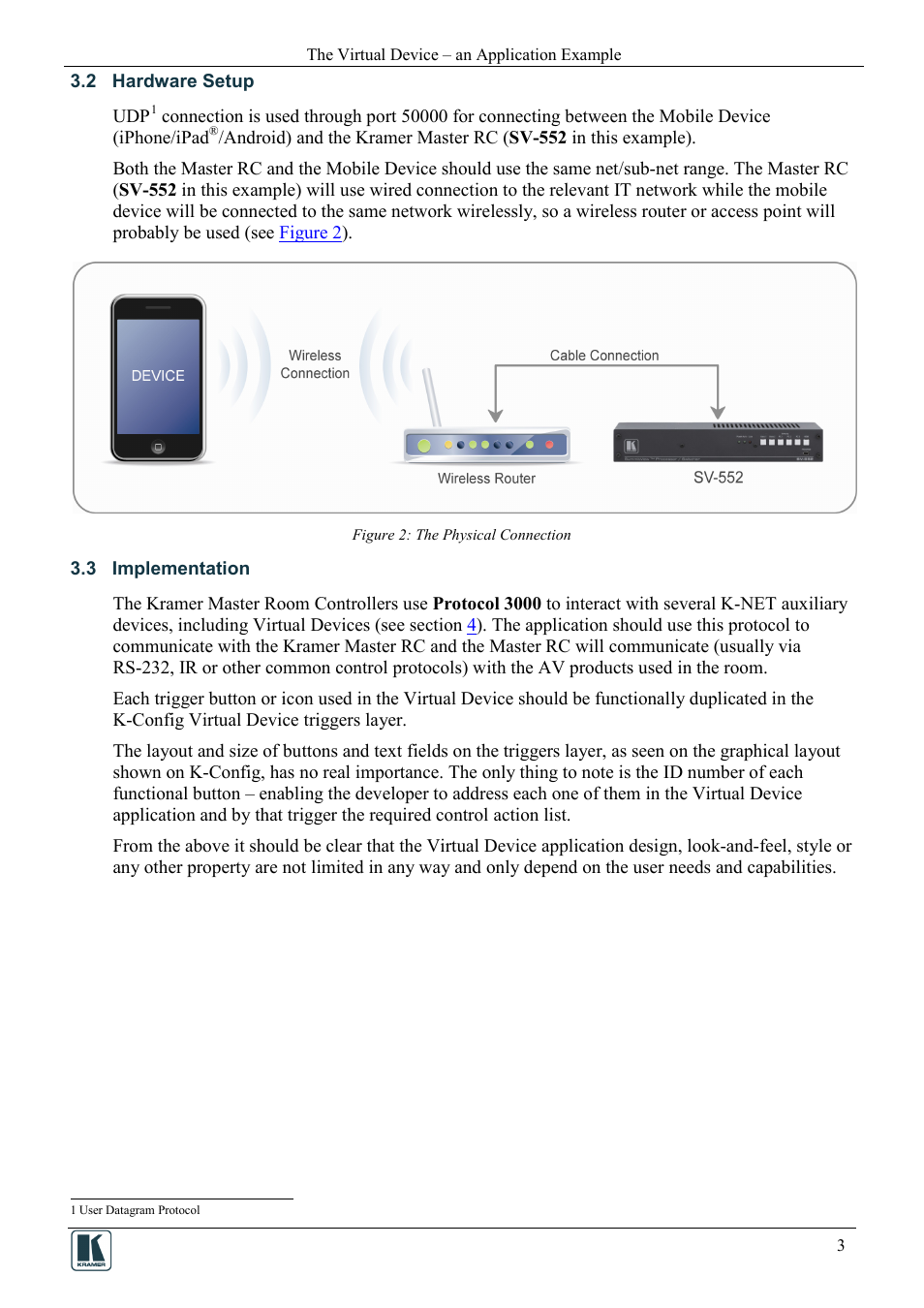 2 hardware setup, 3 implementation, Hardware setup | Implementation, Figure 2: the physical connection | Kramer Electronics SV-552ALC User Manual | Page 5 / 16