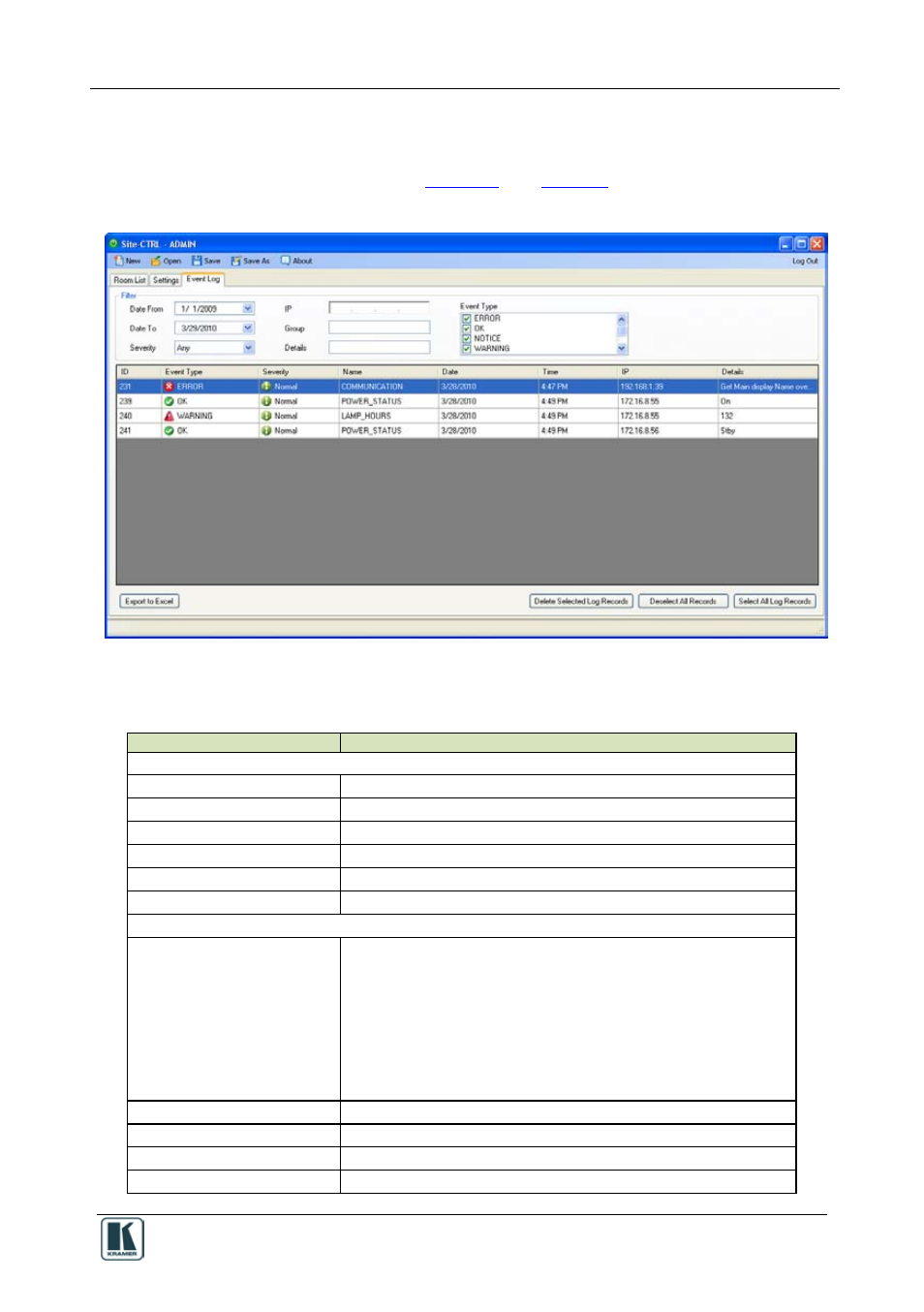 1 the event log tab, The event log tab, Figure 9: the event log tab | Table 3: the event log features | Kramer Electronics WP-501 User Manual | Page 10 / 22