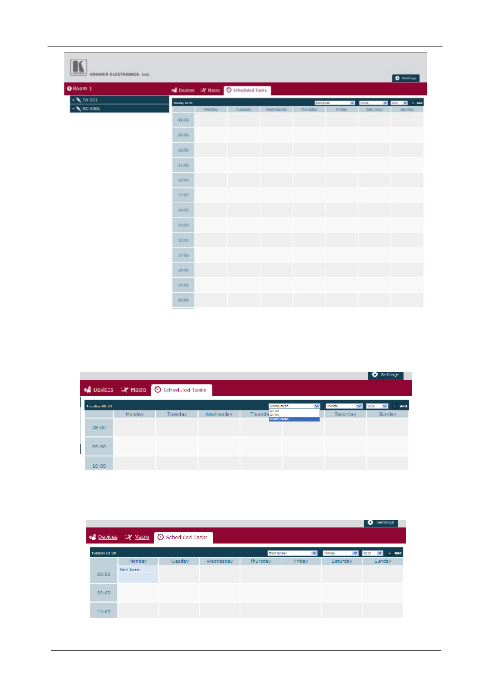 Figure 21: scheduled tasks tab, Figure 22: adding a macro to the schedule, Figure 23: macro added to the schedule | Kramer Electronics WP-501 User Manual | Page 19 / 22