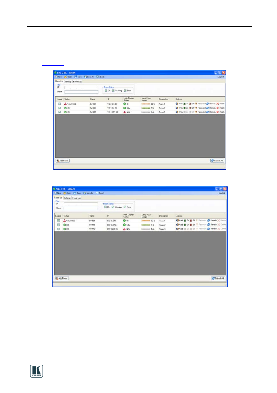 2 the room list tab, The room list tab, Figure 2: the room list tab – for the user | Kramer Electronics WP-501 User Manual | Page 6 / 22