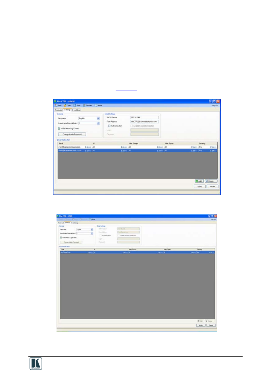 3 the settings tab, The settings tab, Figure 3: the settings tab – for the administrator | Figure 4: the settings tab – for the user | Kramer Electronics WP-501 User Manual | Page 8 / 22