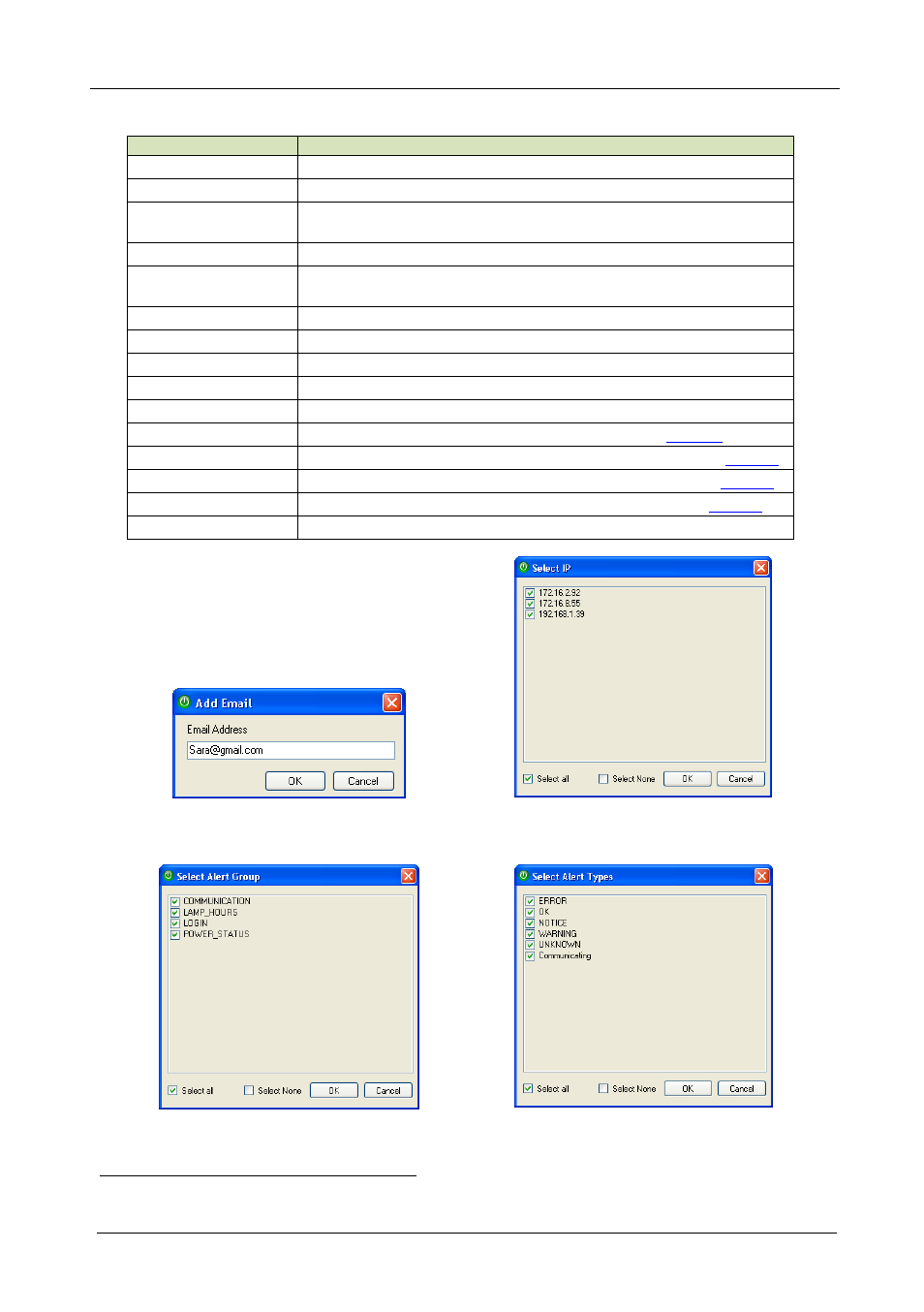 Figure 5: add an e-mail address, Figure 6: the ip list, Figure 7: the alert group list | Figure 8: the alert type list, Table 2: the settings tab features, Table 2, Site-ctrl, 6table 2: the settings tab features | Kramer Electronics WP-501 User Manual | Page 9 / 22