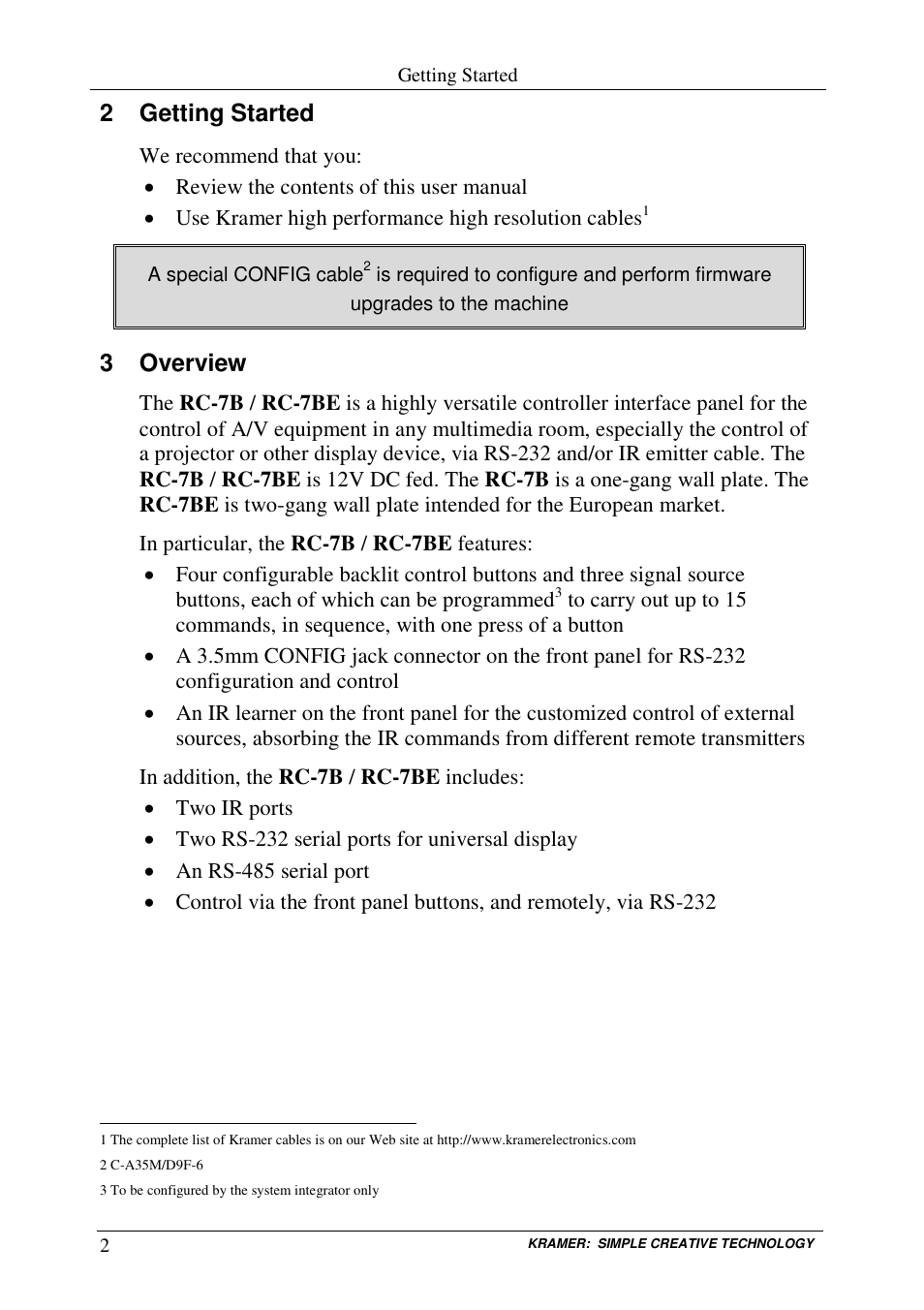 2 getting started, 3 overview | Kramer Electronics RC-7B User Manual | Page 4 / 18