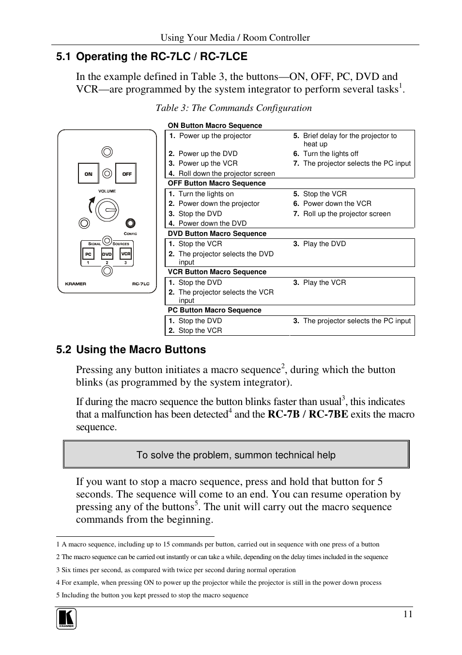 And the rc-7b / rc-7be exits the macro sequence, Using your media / room controller, Table 3: the commands configuration | Kramer Electronics RC-7LC User Manual | Page 13 / 18