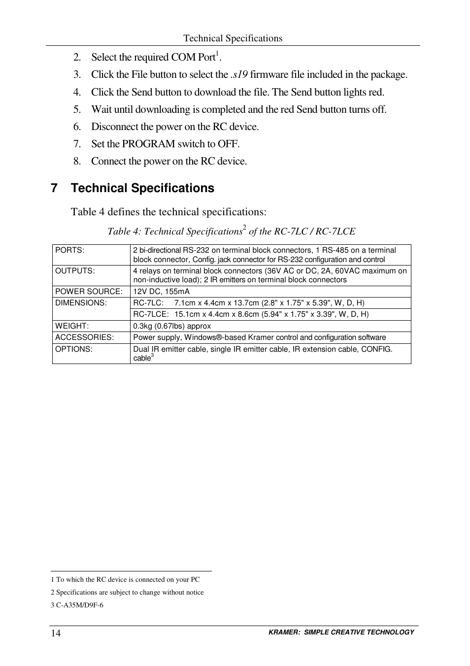 7 technical specifications, Select the required com port, Table 4 defines the technical specifications | Kramer Electronics RC-7LC User Manual | Page 16 / 18