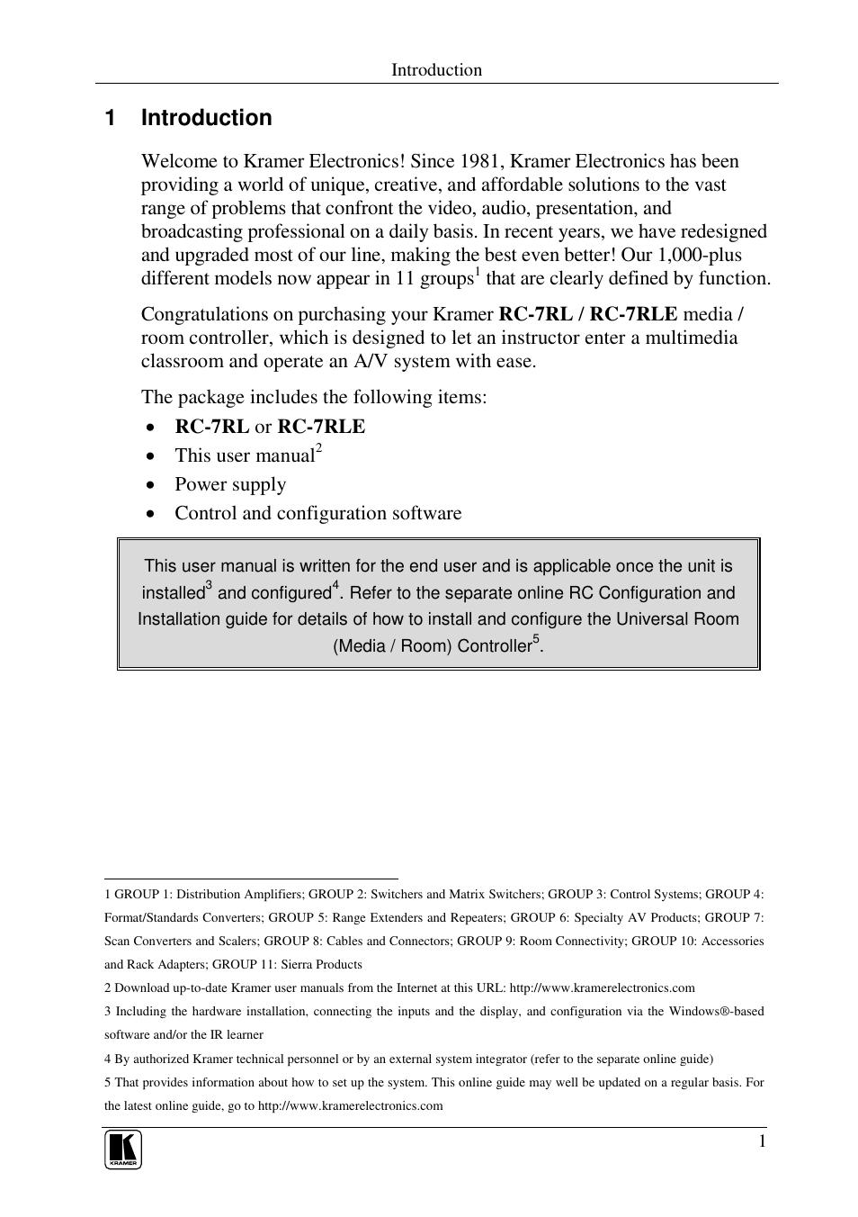 1 introduction | Kramer Electronics RC-7RL User Manual | Page 3 / 18