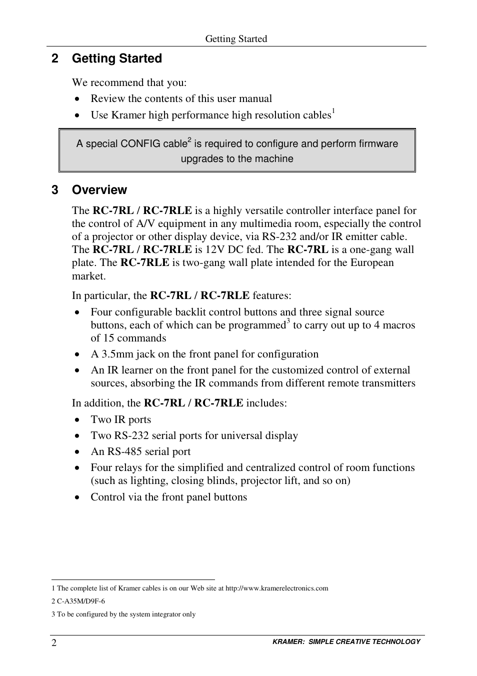 2 getting started, 3 overview | Kramer Electronics RC-7RL User Manual | Page 4 / 18