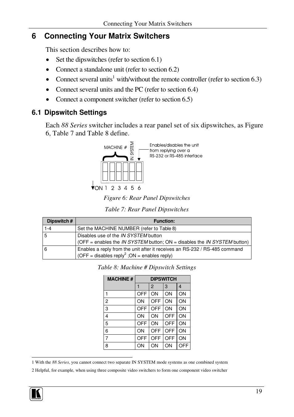 6 connecting your matrix switchers | Kramer Electronics RC-8000 User Manual | Page 22 / 37