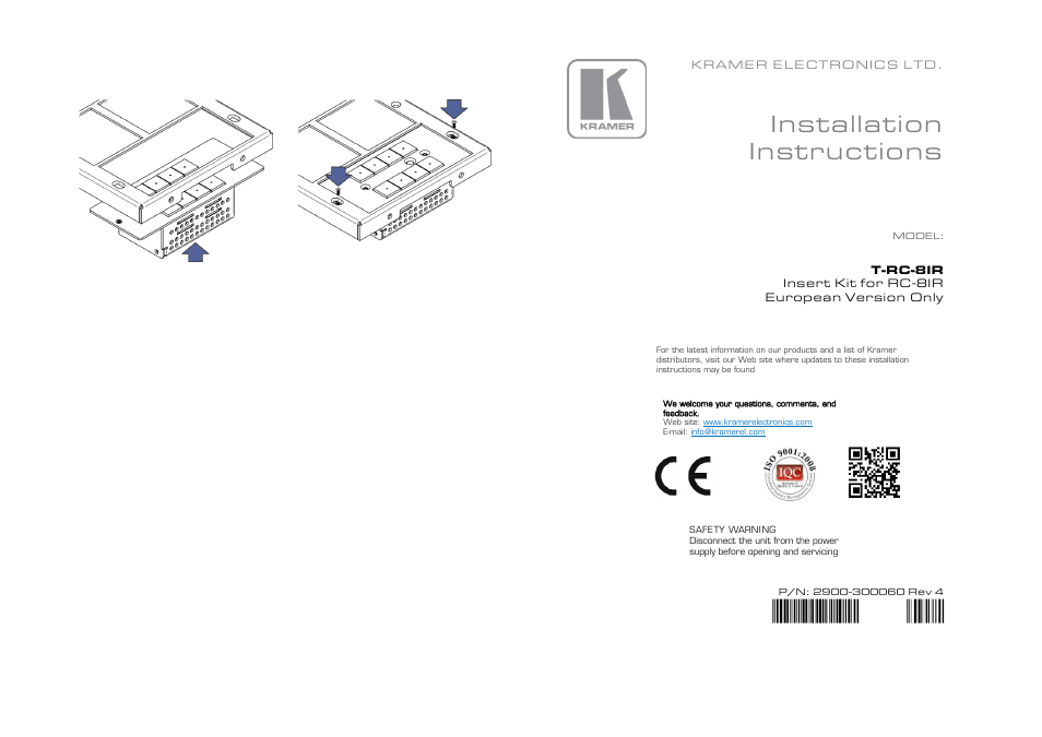 Connecting the cables, Installation instructions | Kramer Electronics T-RC User Manual | Page 2 / 2