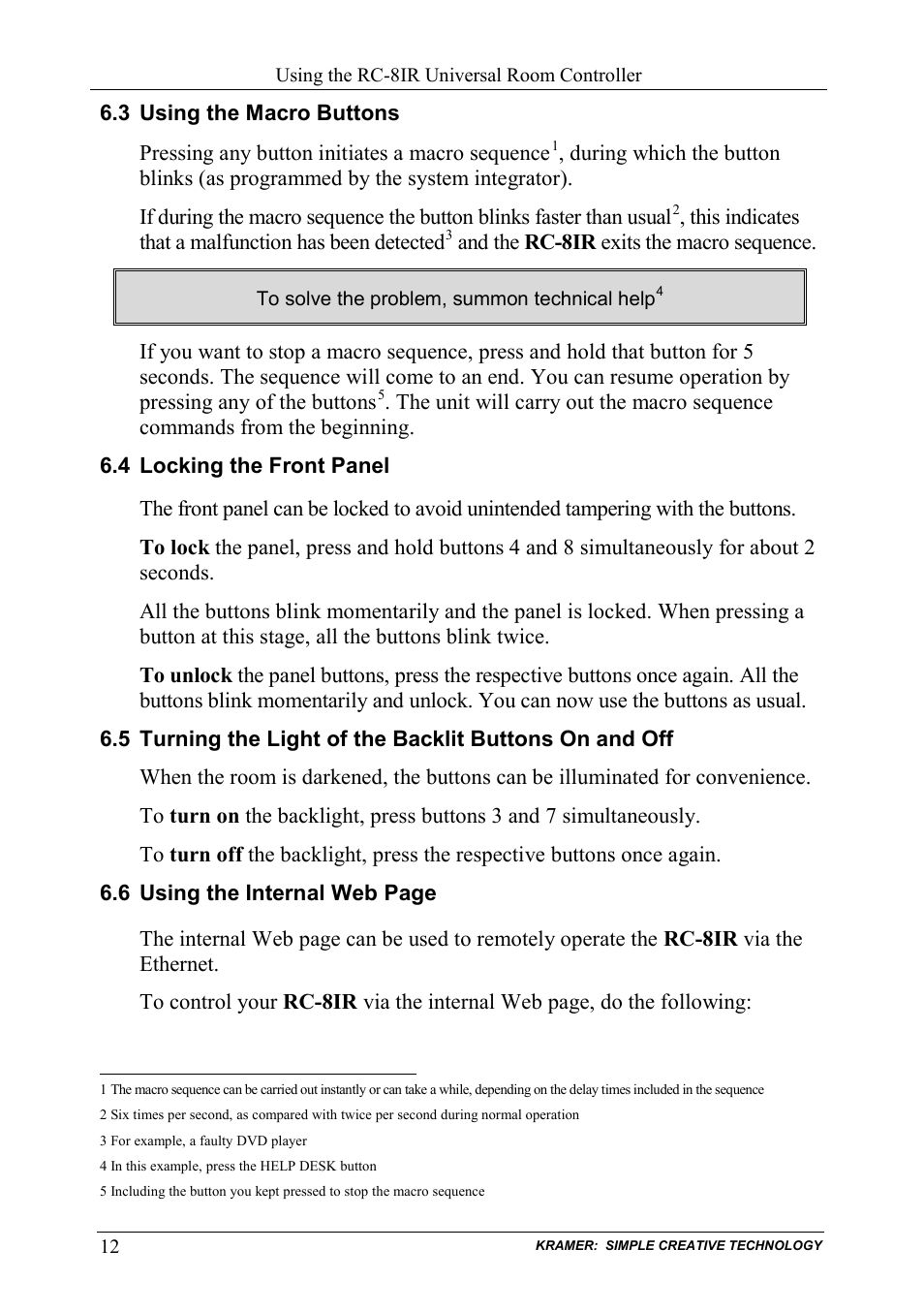 3 using the macro buttons, 4 locking the front panel, Using the macro buttons | Locking the front panel | Kramer Electronics RC-8iR User Manual | Page 15 / 20