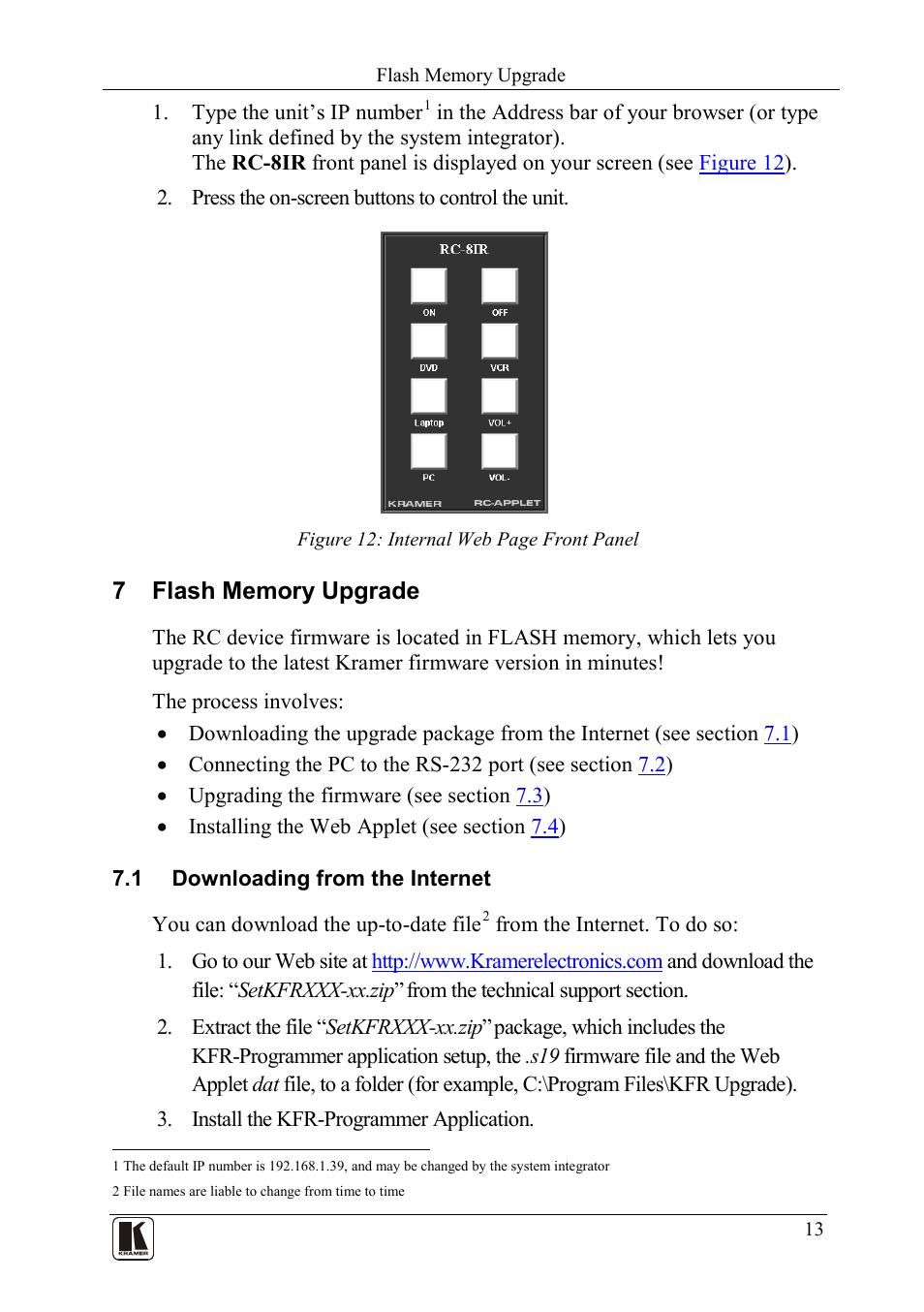 7 flash memory upgrade, 1 downloading from the internet, Flash memory upgrade | Downloading from the internet | Kramer Electronics RC-8iR User Manual | Page 16 / 20