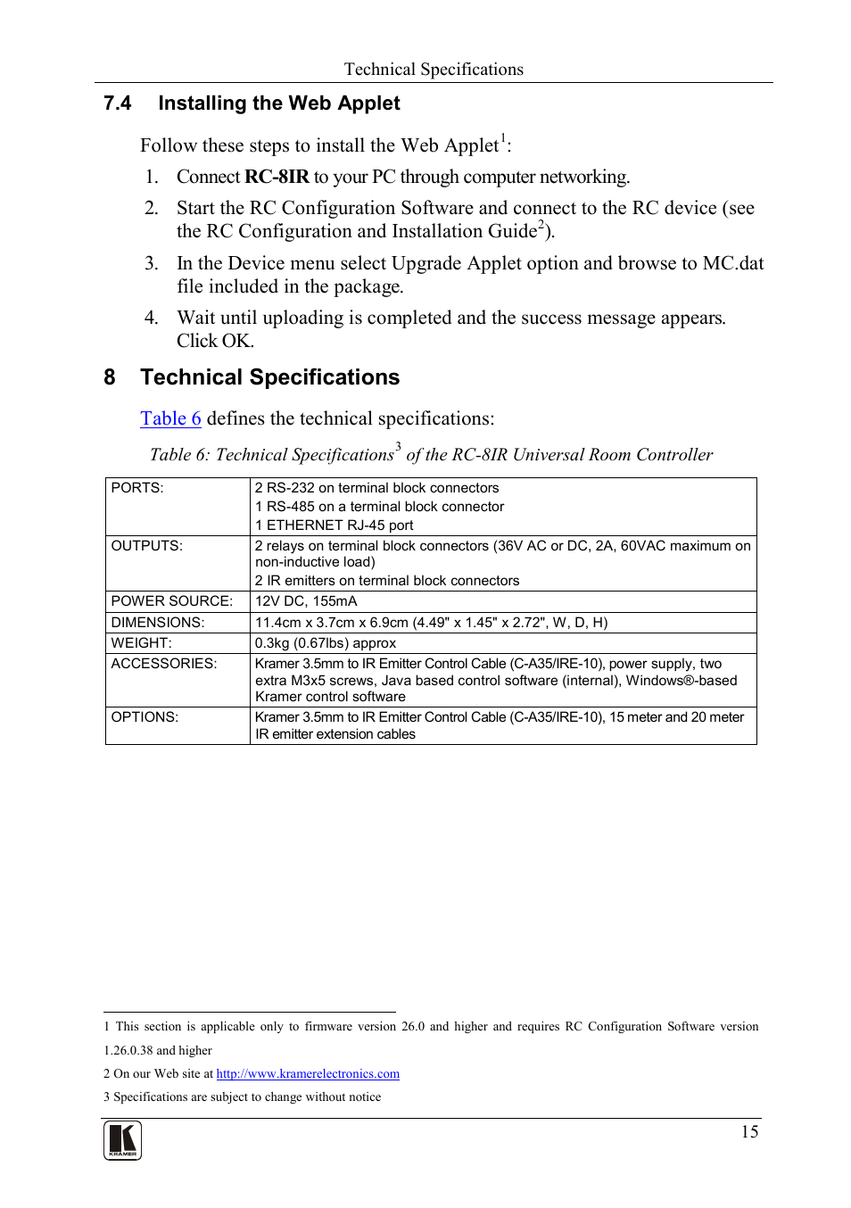 4 installing the web applet, 8 technical specifications, Installing the web applet | Technical specifications, Table 6 defines the technical specifications | Kramer Electronics RC-8iR User Manual | Page 18 / 20