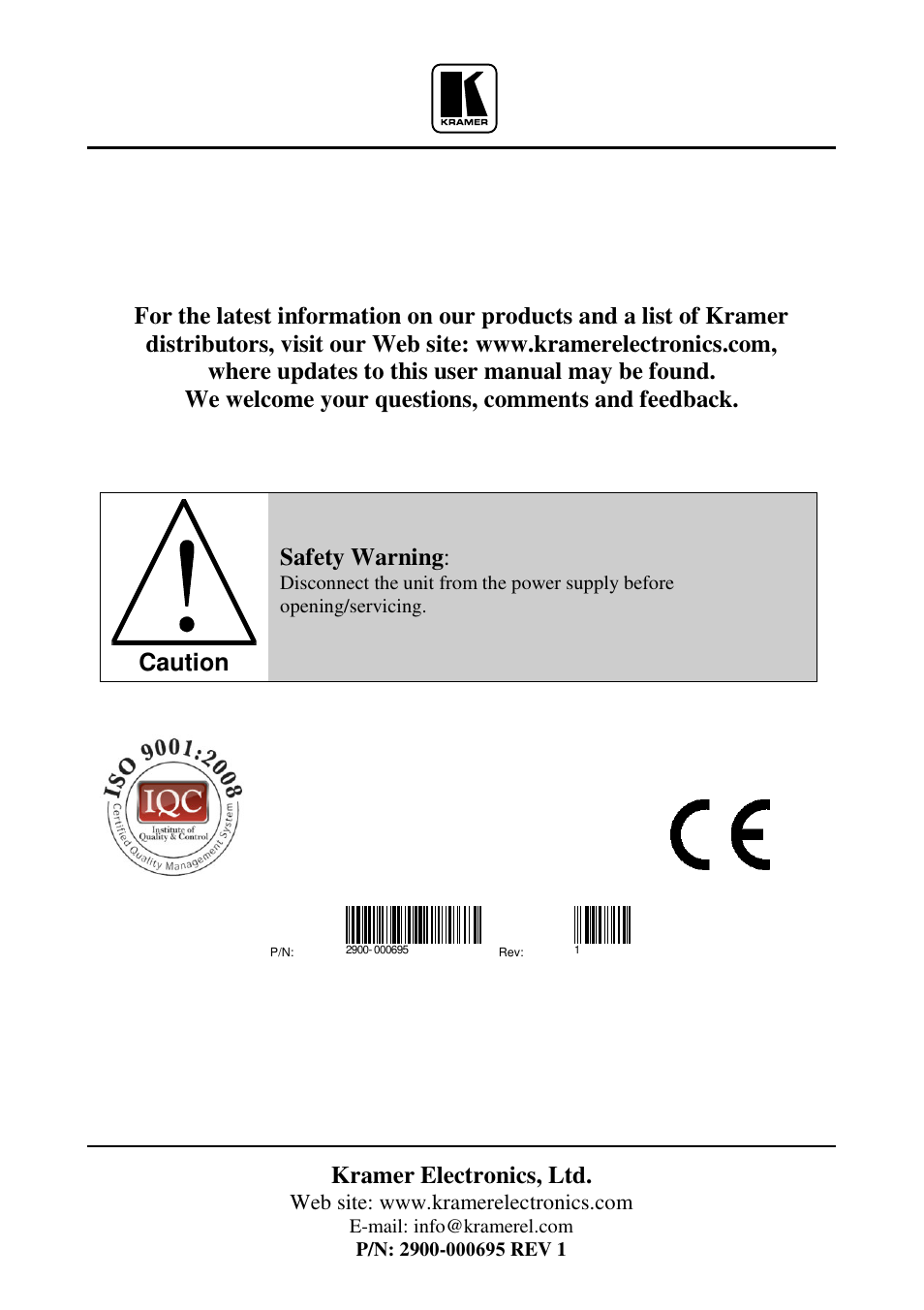 Kramer electronics, ltd, Caution, Safety warning | Kramer Electronics RC-8iR User Manual | Page 20 / 20