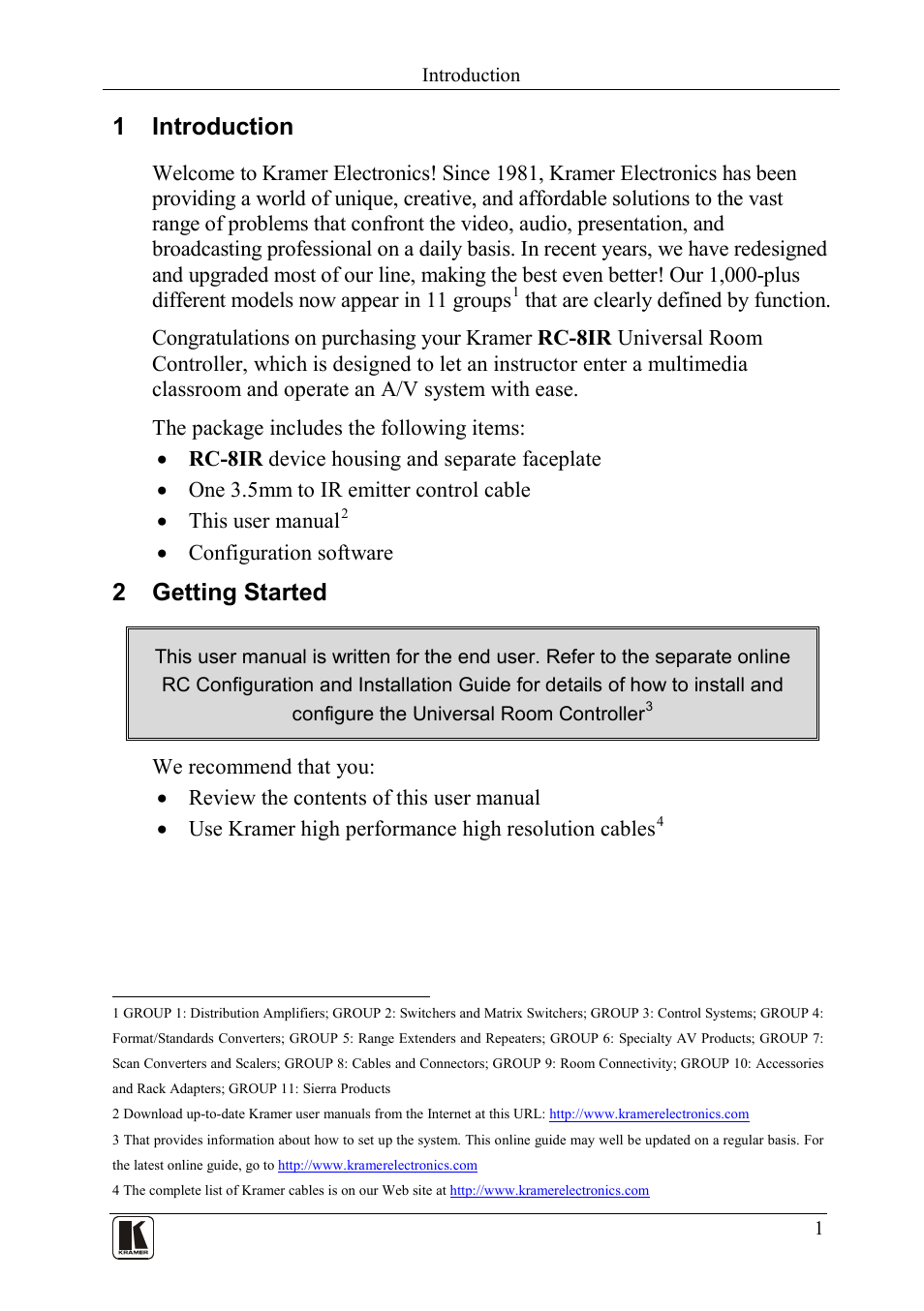 1 introduction, 2 getting started, Introduction | Getting started | Kramer Electronics RC-8iR User Manual | Page 4 / 20