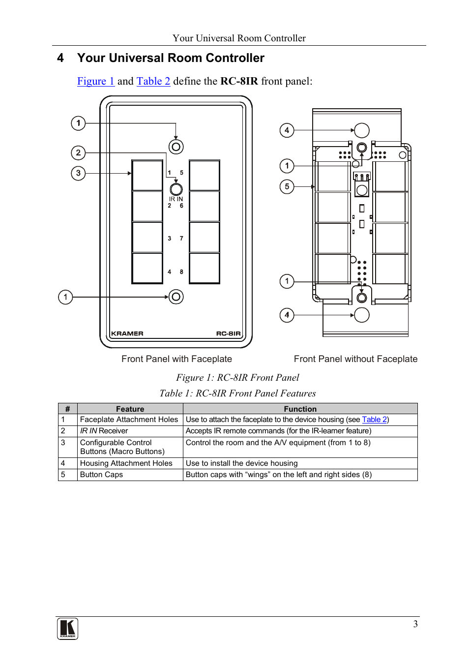4 your universal room controller, Your universal room controller, Figure 1: rc-8ir front panel | Table 1: rc-8ir front panel features, Figure 1 and table 2 define the rc-8ir front panel | Kramer Electronics RC-8iR User Manual | Page 6 / 20
