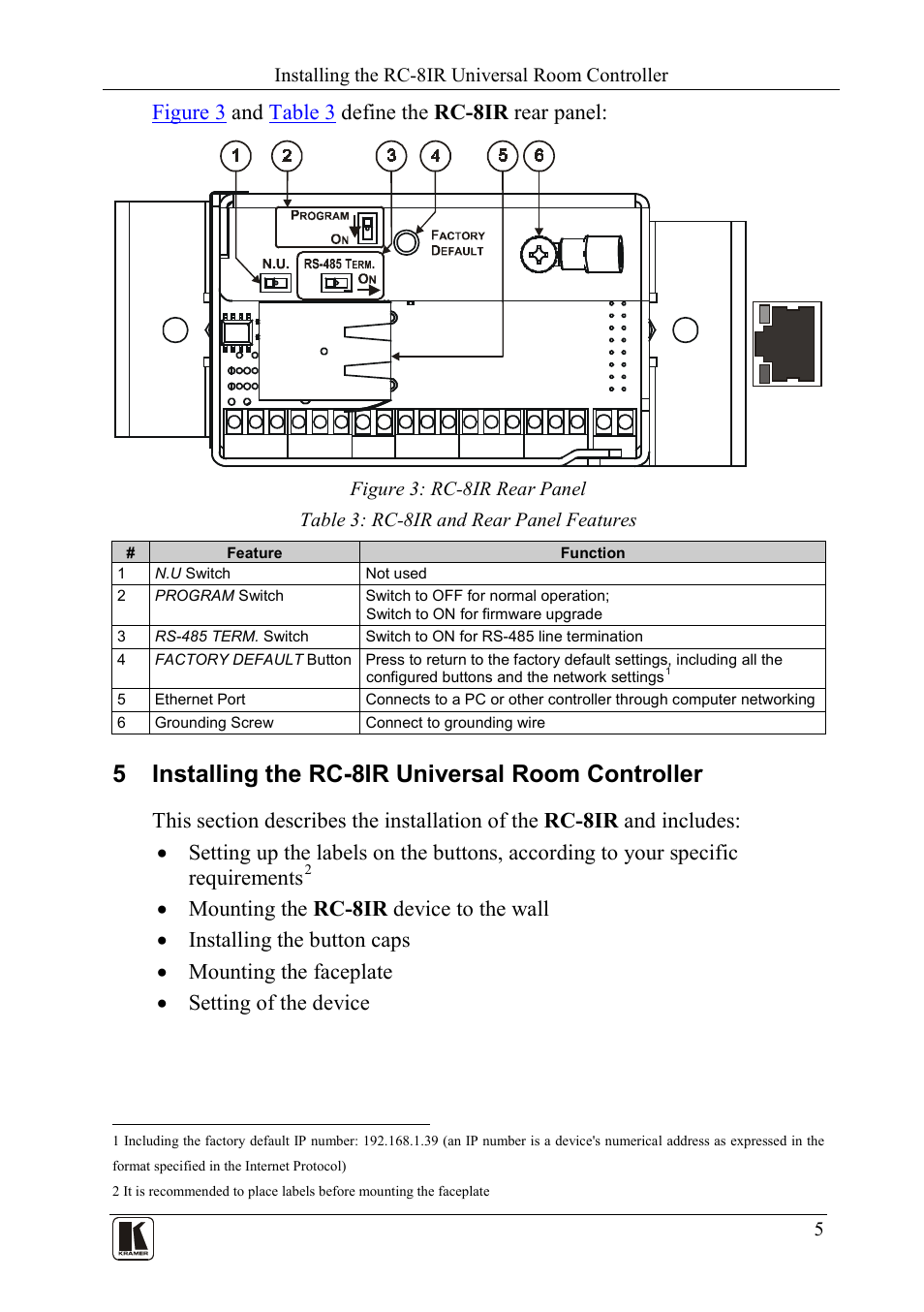 5 installing the rc-8ir universal room controller, Installing the rc-8ir universal room controller, Figure 3: rc-8ir rear panel | Table 3: rc-8ir and rear panel features, Figure 3 and table 3 define the rc-8ir rear panel | Kramer Electronics RC-8iR User Manual | Page 8 / 20