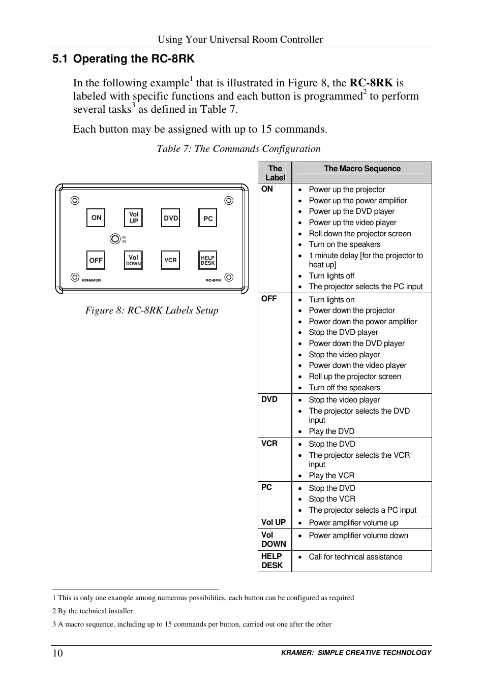 1 operating the rc-8rk in the following example, Using your universal room controller, Table 7: the commands configuration | Figure 8: rc-8rk labels setup | Kramer Electronics RC-8RKL User Manual | Page 12 / 19