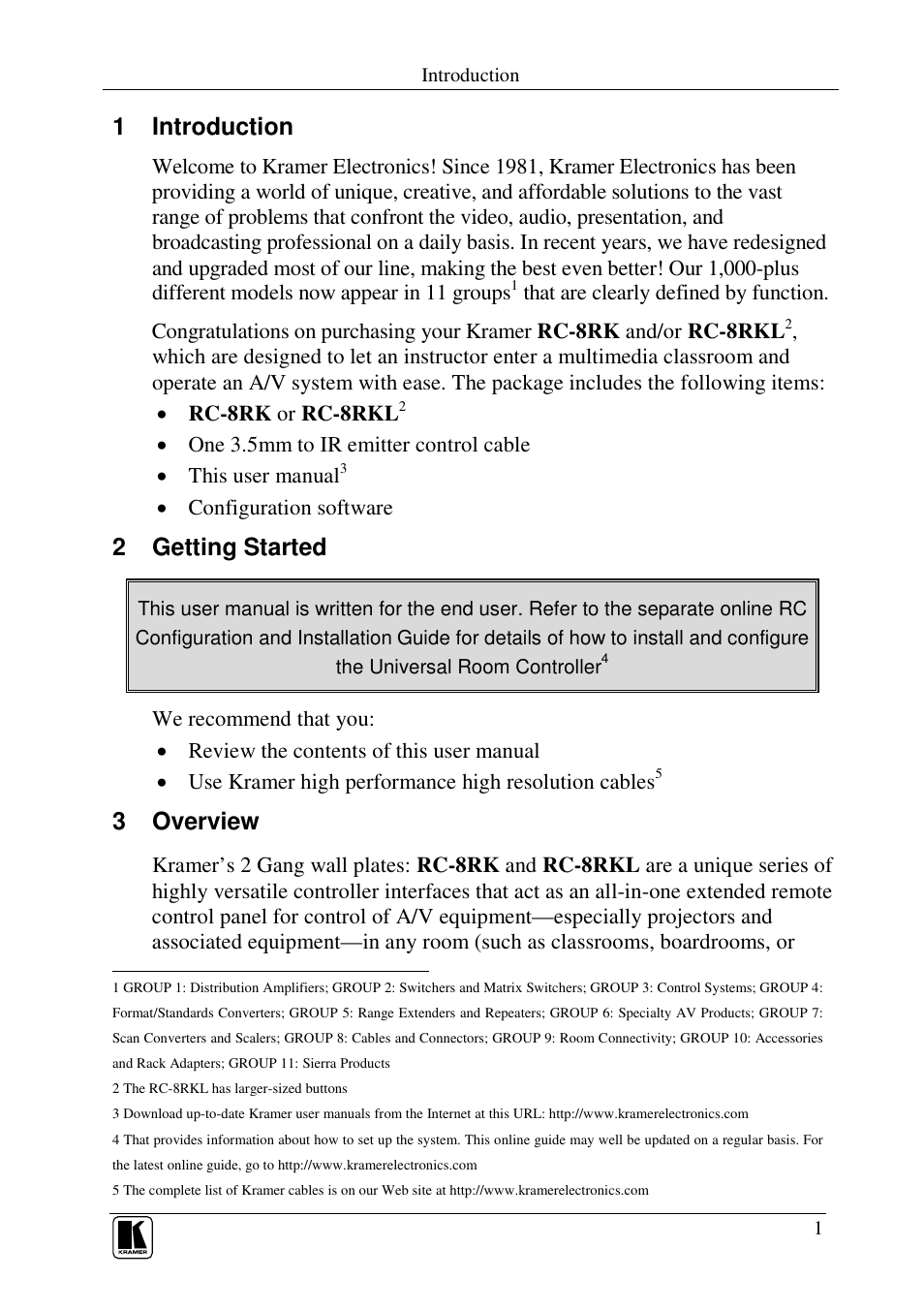 1 introduction, 2 getting started, 3 overview | Kramer Electronics RC-8RKL User Manual | Page 3 / 19
