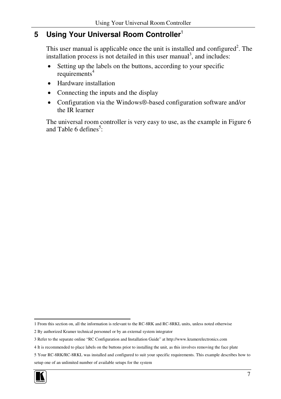 5 using your universal room controller | Kramer Electronics RC-8RKL User Manual | Page 9 / 19