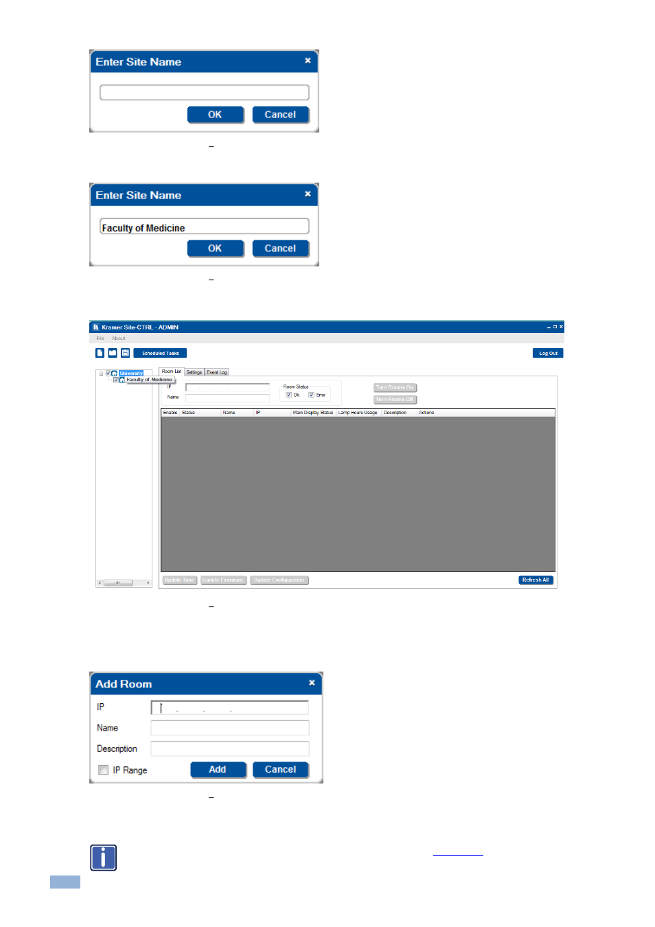 Figure 10: the room list tab, Typing the site name, Figure 11: the room list tab | Figure 12: the room list tab, New site name added, Figure 13: the room list tab, Adding a new room | Kramer Electronics Site-CTRL™ User Manual | Page 10 / 28