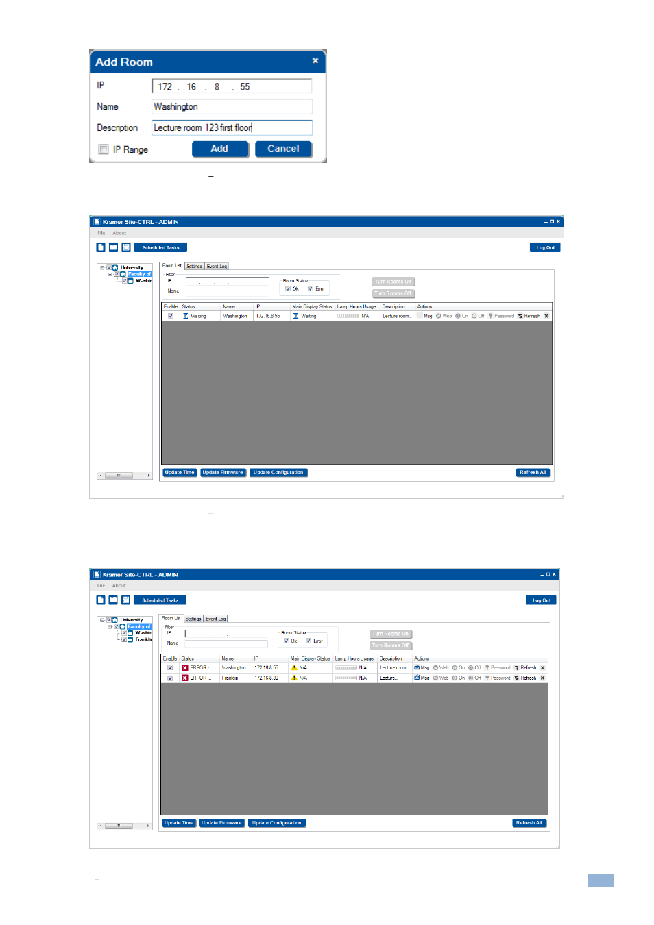 Figure 14: the room list tab, New room details, Figure 15: the room list tab | New room added, Figure 16: list of unconnected rooms | Kramer Electronics Site-CTRL™ User Manual | Page 11 / 28