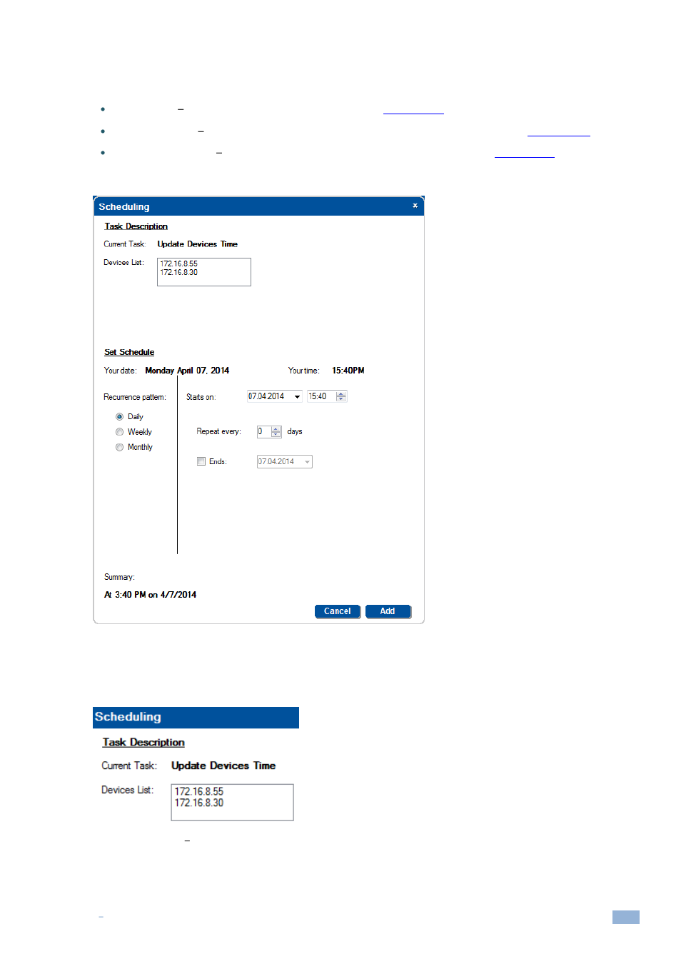 3 scheduled tasks, Scheduled tasks, Figure 23: scheduling window | Figure 24: scheduling, Task description | Kramer Electronics Site-CTRL™ User Manual | Page 15 / 28
