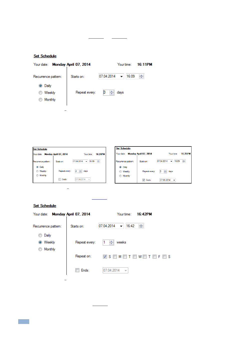 Figure 25: scheduling, Daily pattern, Figure 26: update time | Daily pattern, various setups, Figure 27: scheduling, Weekly pattern | Kramer Electronics Site-CTRL™ User Manual | Page 16 / 28