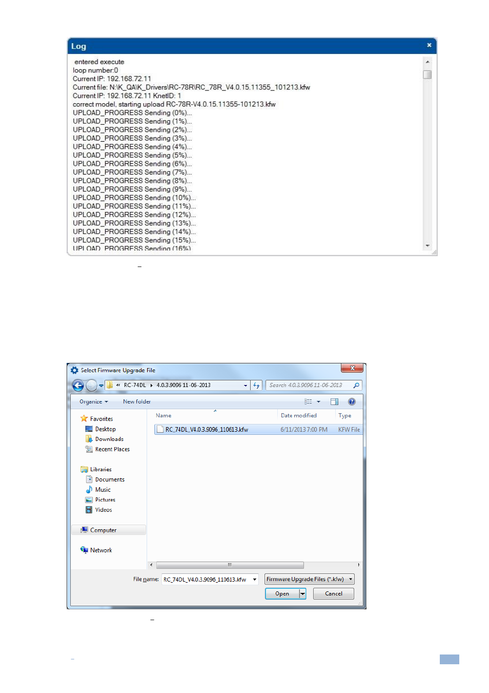 2 update firmware, Figure 32: update time, Show log button | Figure 33: update firmware, Selecting the firmware upgrade file | Kramer Electronics Site-CTRL™ User Manual | Page 19 / 28