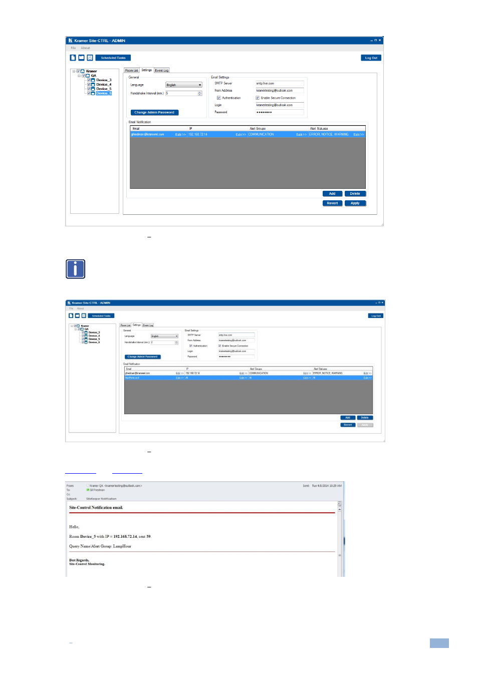 Figure 43: email notification, The settings tab with email, Figure 44: email notification | The settings tab with email list, Figure 45: email notification, Lamphour notification email | Kramer Electronics Site-CTRL™ User Manual | Page 25 / 28