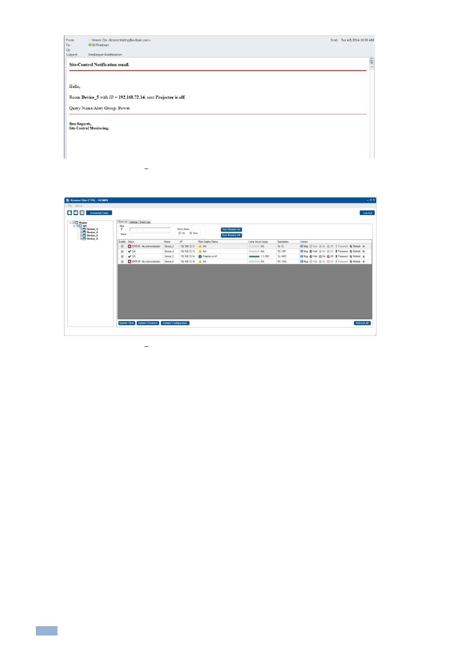 Figure 46: email notification, Power notification email, Figure 47: email notification | Power is off in room list tab, Figure 46 | Kramer Electronics Site-CTRL™ User Manual | Page 26 / 28