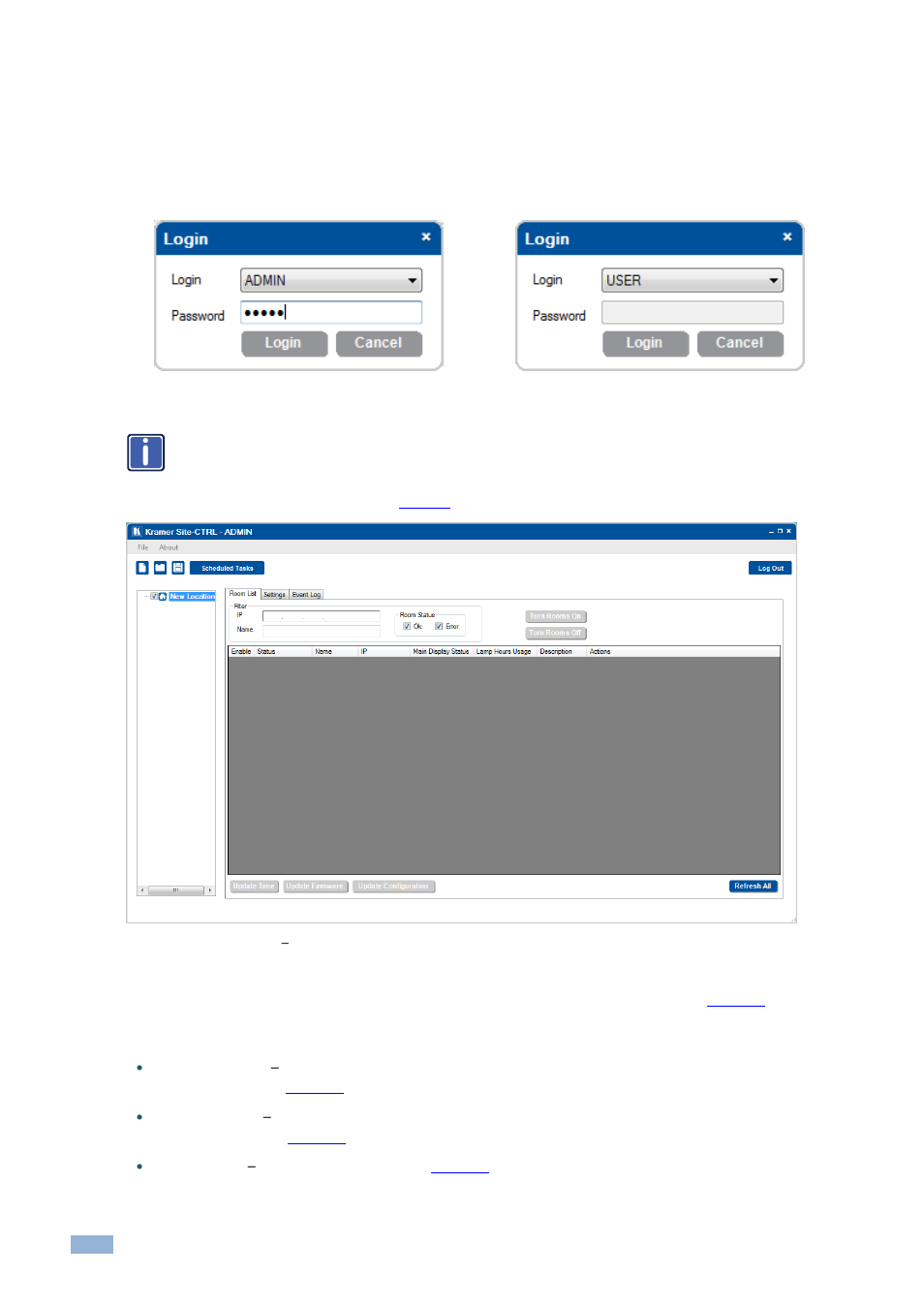 3 loading the software, Loading the software, Figure 3: admin and user login | Figure 4: the main window, For the administrator | Kramer Electronics Site-CTRL™ User Manual | Page 6 / 28