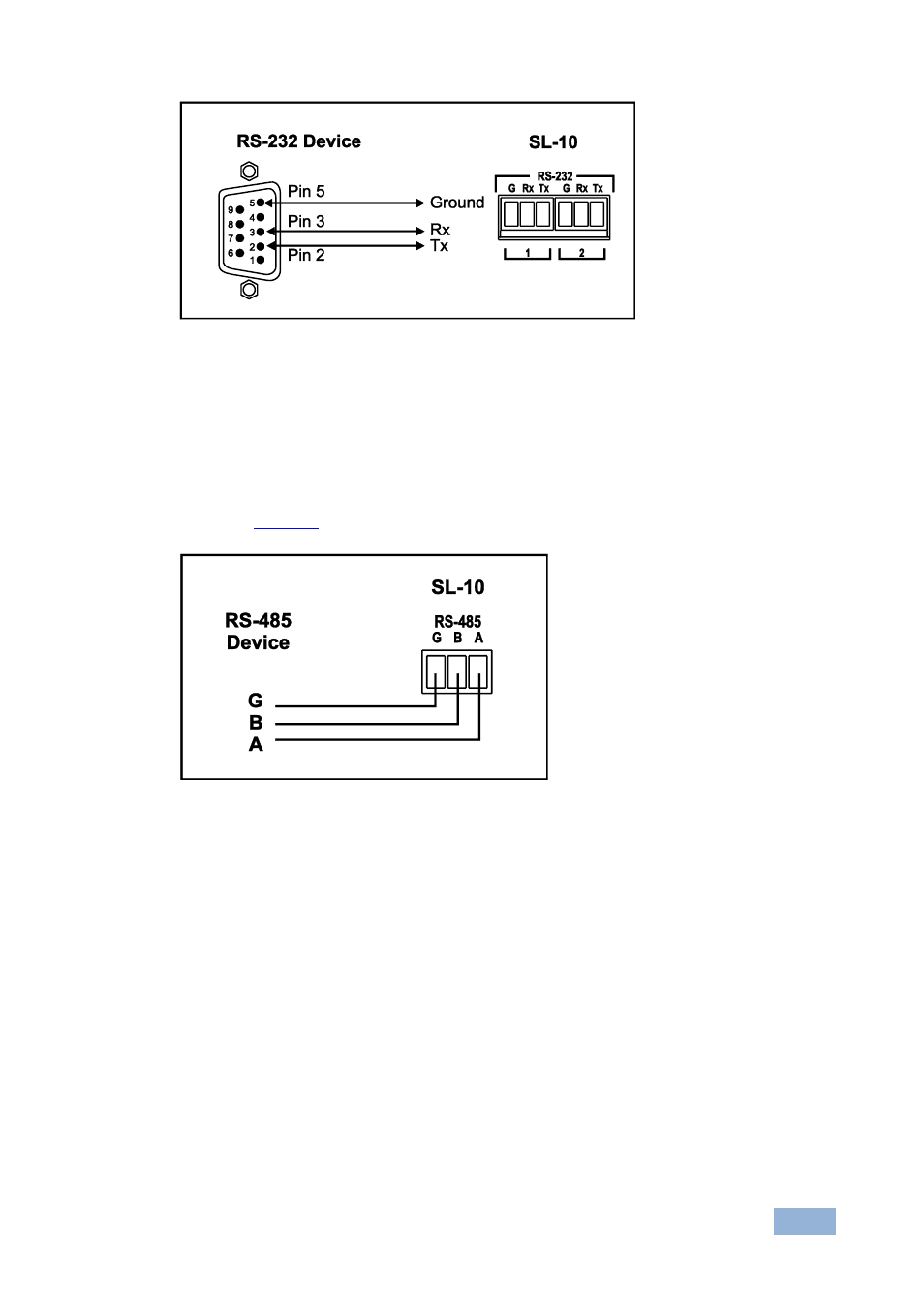 3 connecting the rs-485 interface, 4 connecting the ethernet port, Connecting the rs-485 interface | Connecting the ethernet port, Figure 3: rs-232 connection, Figure 4: rs-485 connection, Figure 3 | Kramer Electronics SL-10 User Manual | Page 12 / 17