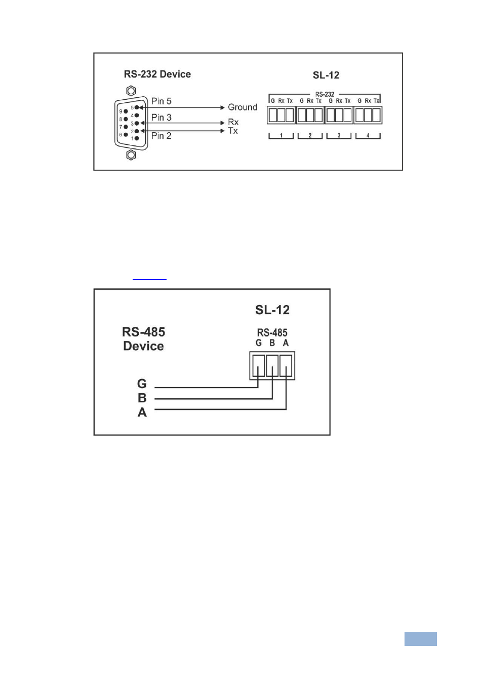 4 connecting the rs-485 interface, 5 connecting the ethernet port, Connecting the rs-485 interface | Connecting the ethernet port, Figure 4: rs-232 connection, Figure 5: rs-485 connection | Kramer Electronics SL-12 User Manual | Page 14 / 18