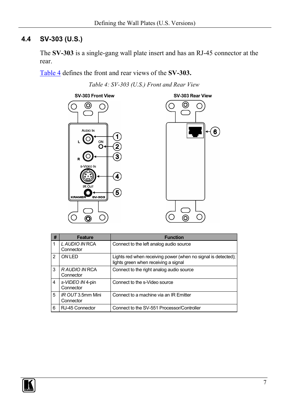4 sv-303 (u.s.), Sv-303 (u.s.), Table 4: sv-303 (u.s.) front and rear view | Kramer Electronics SV-307 User Manual | Page 10 / 28