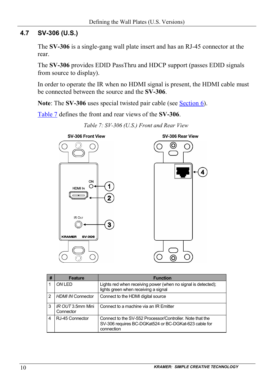 7 sv-306 (u.s.), Sv-306 (u.s.), Table 7: sv-306 (u.s.) front and rear view | Kramer Electronics SV-307 User Manual | Page 13 / 28