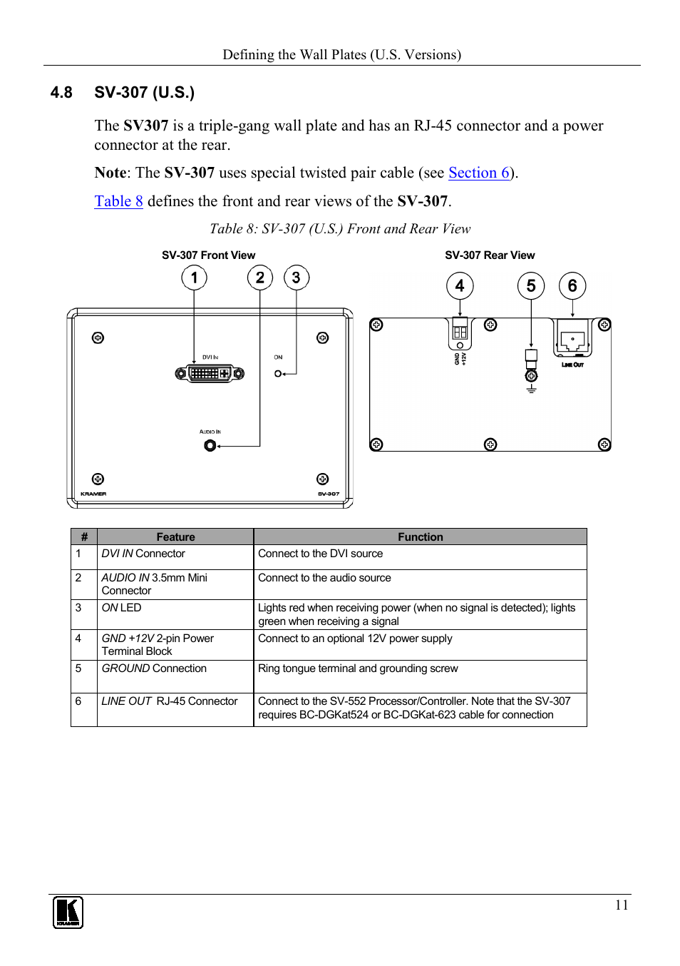 8 sv-307 (u.s.), Sv-307 (u.s.), Table 8: sv-307 (u.s.) front and rear view | Kramer Electronics SV-307 User Manual | Page 14 / 28