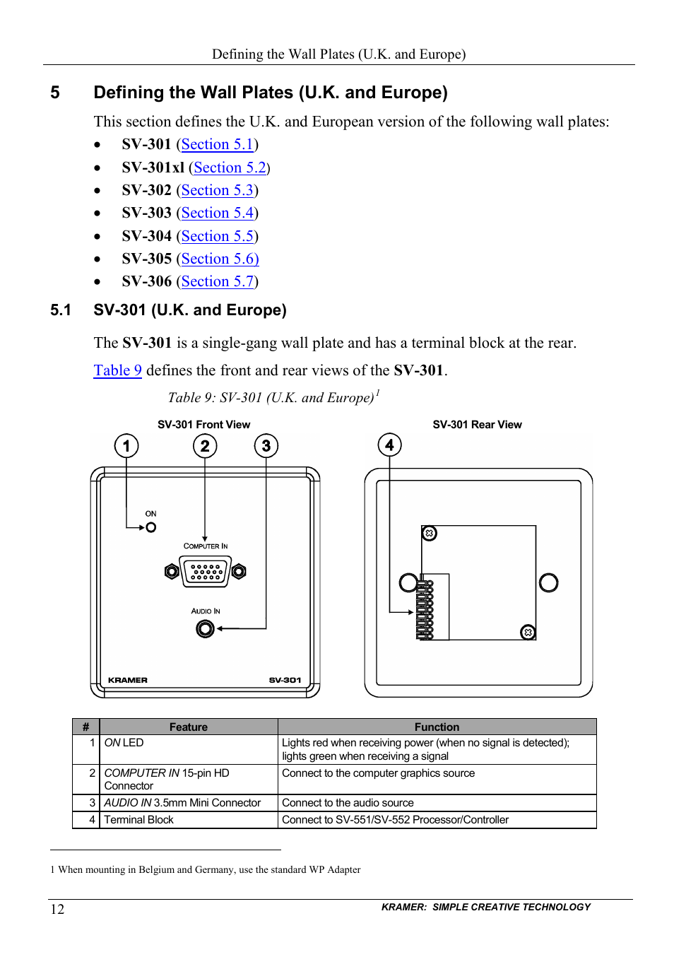 5 defining the wall plates (u.k. and europe), 1 sv-301 (u.k. and europe), Defining the wall plates (u.k. and europe) | Sv-301 (u.k. and europe), 5defining the wall plates (u.k. and europe) | Kramer Electronics SV-307 User Manual | Page 15 / 28