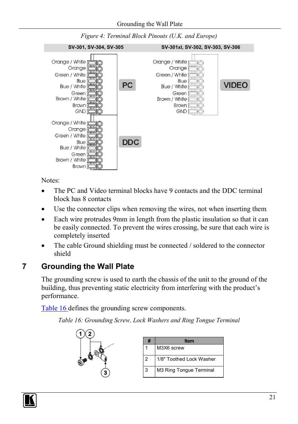 7 grounding the wall plate, Grounding the wall plate, 7grounding the wall plate | Kramer Electronics SV-307 User Manual | Page 24 / 28